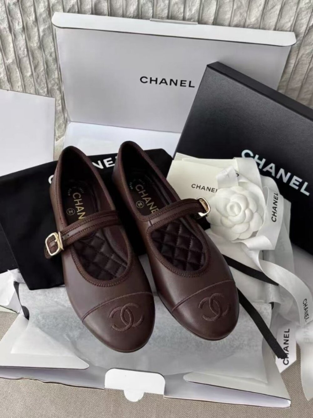 Chanel Dark Brown Leather CC Mary Jane Flats